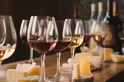 Greek wine glasses and cheese tasting table at Casa Cinque